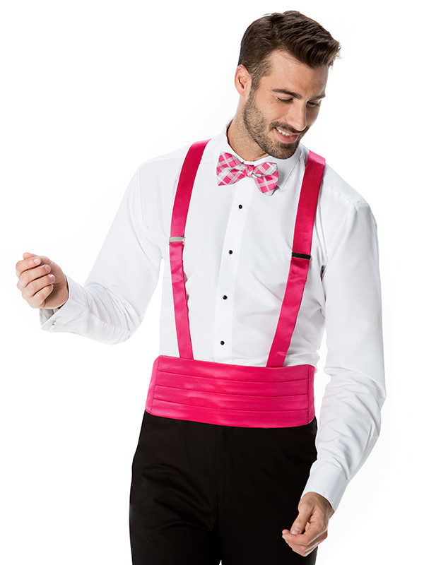 Solid Suspenders with Cummerbund and Solid Plaid Bow Tie