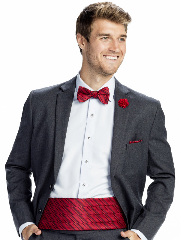 Tonal Stripe Bow Tie, Pocket Square, and Cummerbund with Solid Lapel Pin