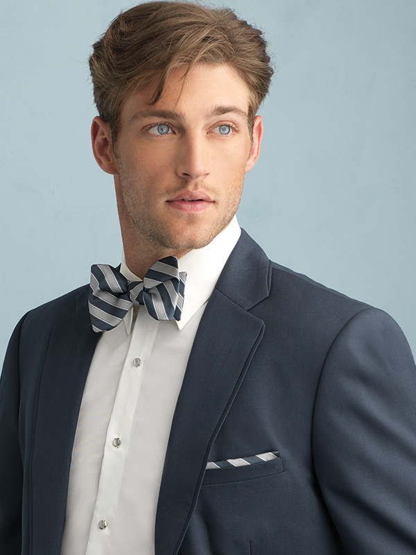 Allure Stripe Bow Tie and Pocket Square in Slate Blue and Heather Grey